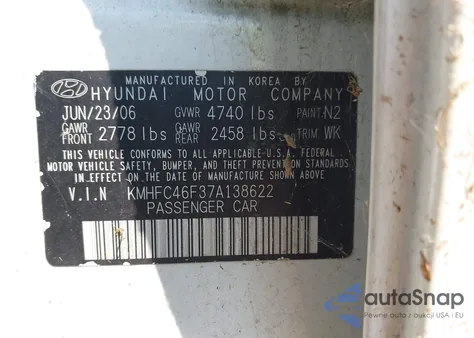 2007 Hyundai Azera Limited/Se z USA, uszkodzony, nr VIN KMHFC46F37A138622